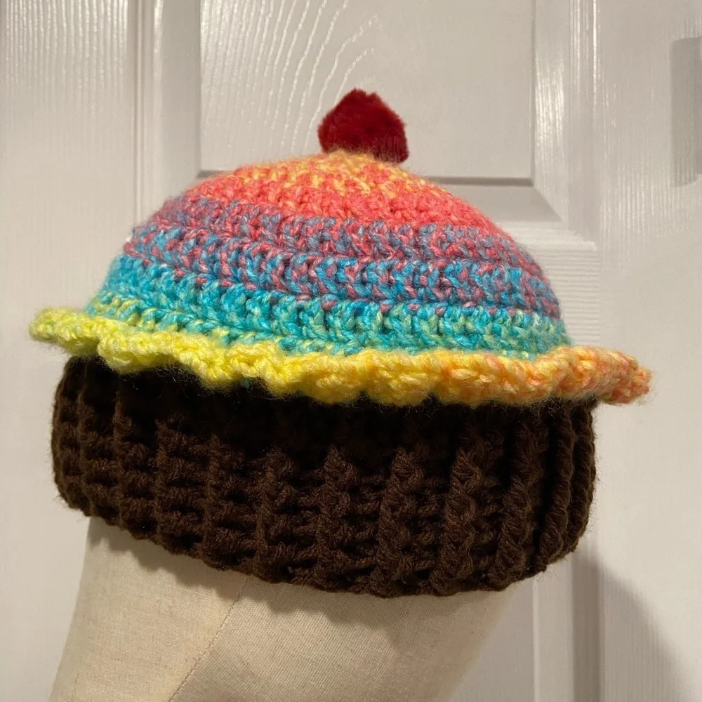 Handmade Crochet Rainbow Chocolate Cupcake Beanie Winter Hat Cozy Comfy Warm